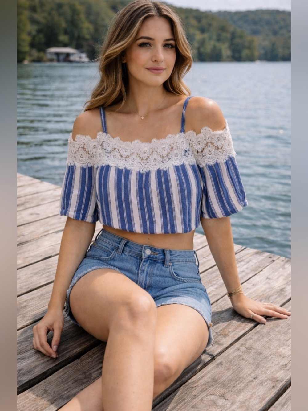 Hollister Lace Trim Off Shoulder Crop Top XS Blue White Striped Boho Summer